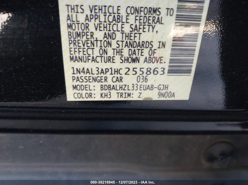 VIN 1N4AL3AP1HC255863 2017 NISSAN ALTIMA 2.5/S/SV/SL/SR