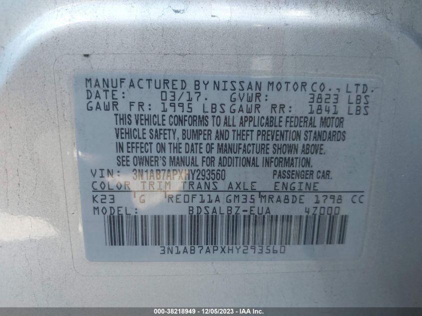 2017 NISSAN SENTRA S - 3N1AB7APXHY293560