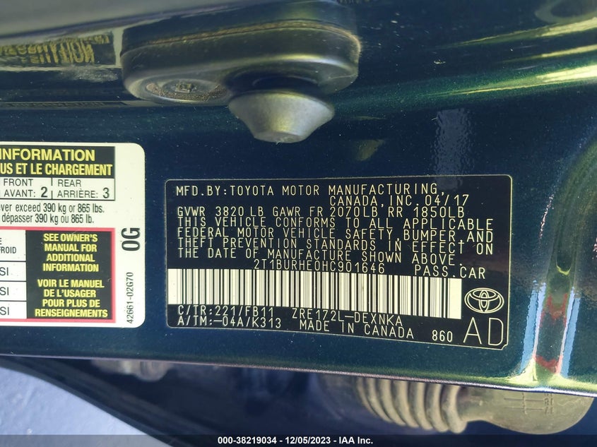 VIN 2T1BURHE0HC901646 2017 TOYOTA COROLLA LE