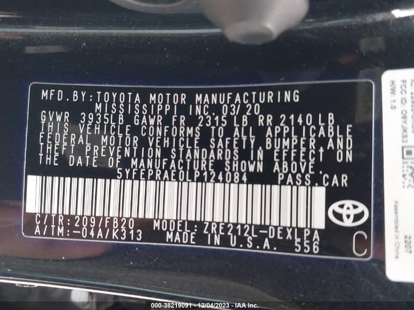 2020 TOYOTA COROLLA LE - 5YFEPRAE0LP124084