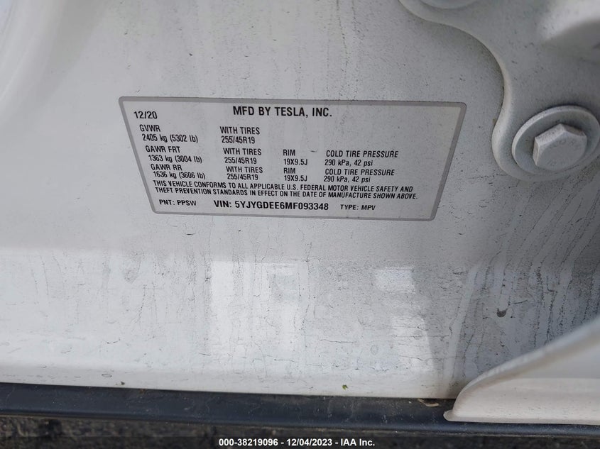 VIN 5YJYGDEE6MF093348 2021 TESLA MODEL Y