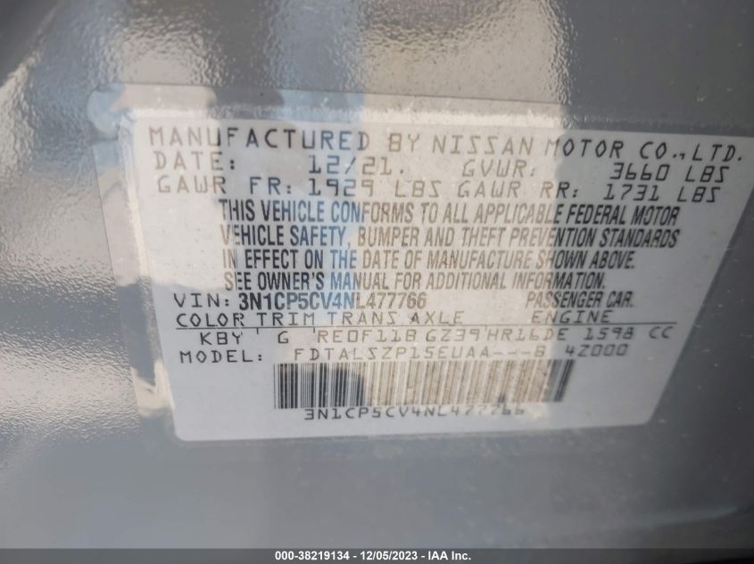 2022 NISSAN KICKS SV XTRONIC CVT - 3N1CP5CV4NL477766