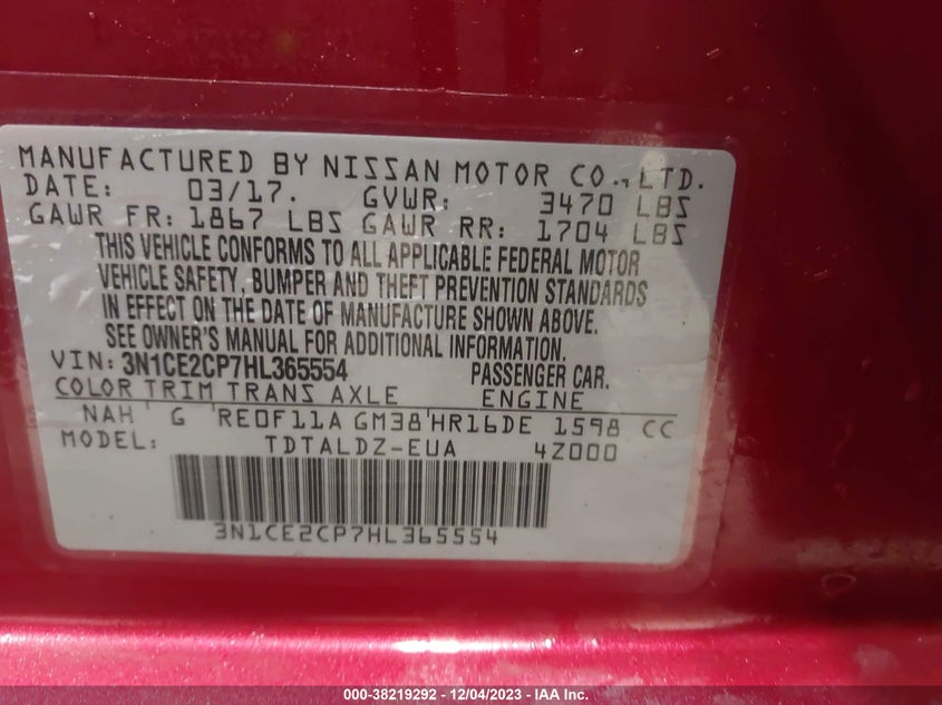 VIN 3N1CE2CP7HL365554 2017 NISSAN VERSA NOTE S/S PLUS/SV/SL/SR