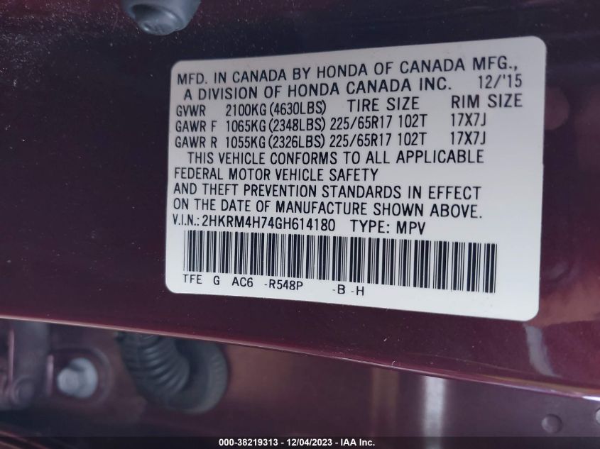 2016 HONDA CR-V EX-L - 2HKRM4H74GH614180