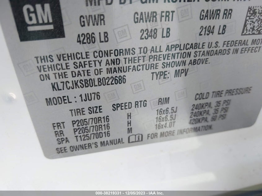 VIN KL7CJKSB0LB022686 2020 CHEVROLET TRAX LS
