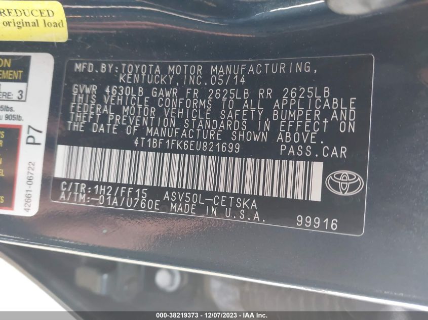 2014 TOYOTA CAMRY L/SE/LE/XLE - 4T1BF1FK6EU821699