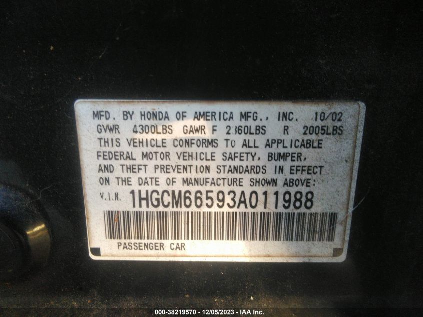 1HGCM66593A011988 | 2003 HONDA ACCORD