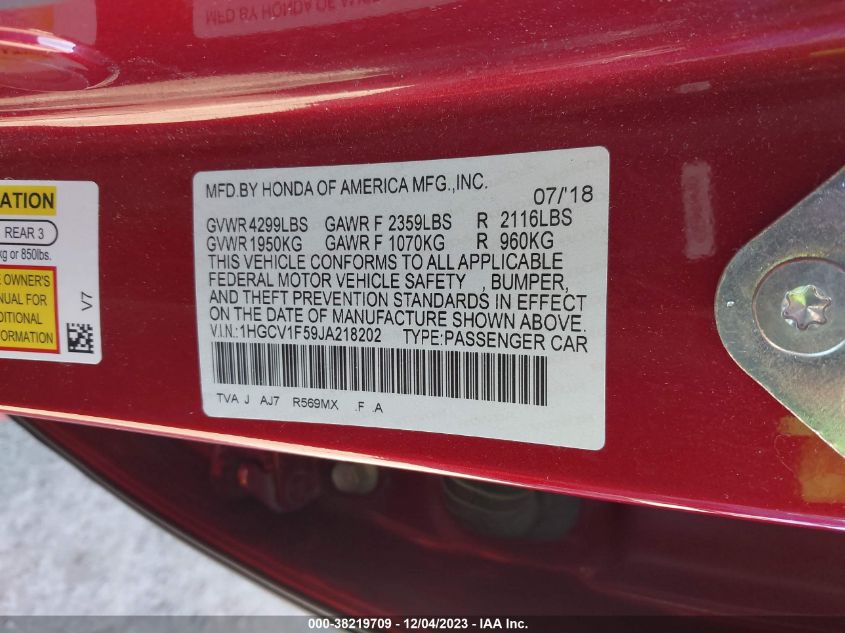 2018 HONDA ACCORD EXL - 1HGCV1F59JA218202