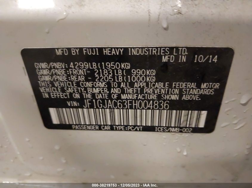 2015 SUBARU IMPREZA 2.0I PREMIUM - JF1GJAC63FH004836