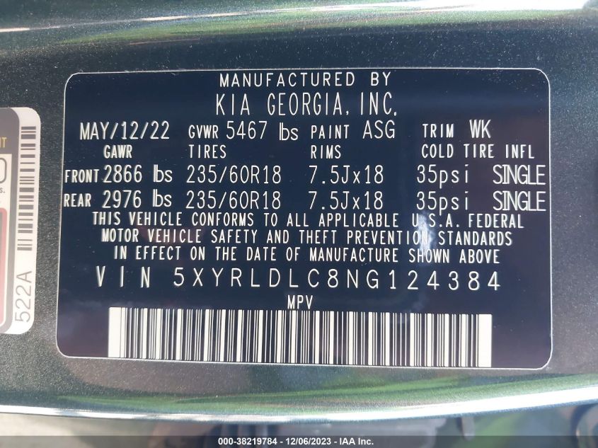 2022 KIA SORENTO X-LINE S - 5XYRLDLC8NG124384