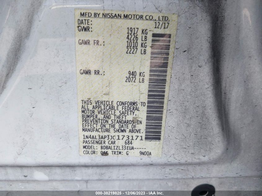 2018 NISSAN ALTIMA 2.5 SV - 1N4AL3AP3JC173171