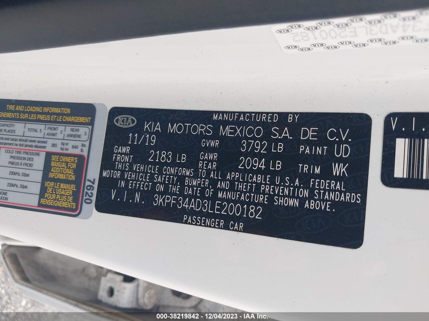 VIN 3KPF34AD3LE200182 2020 KIA FORTE GT-LINE