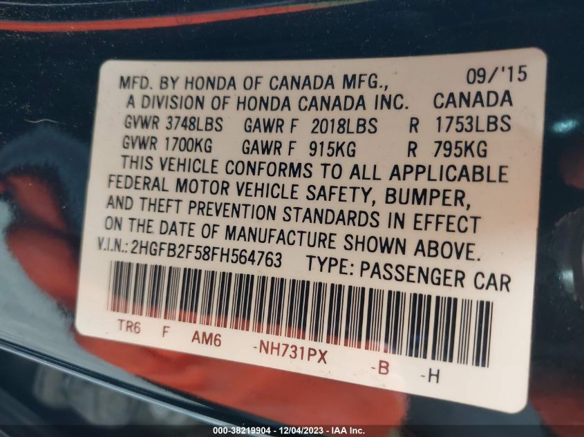 2015 HONDA CIVIC LX - 2HGFB2F58FH564763