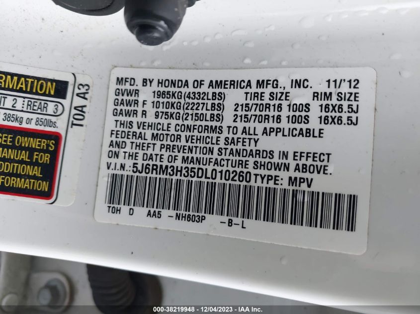 2013 HONDA CR-V LX - 5J6RM3H35DL010260