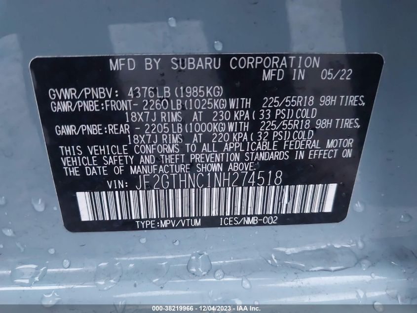 2022 SUBARU CROSSTREK LIMITED - JF2GTHNC1NH274518