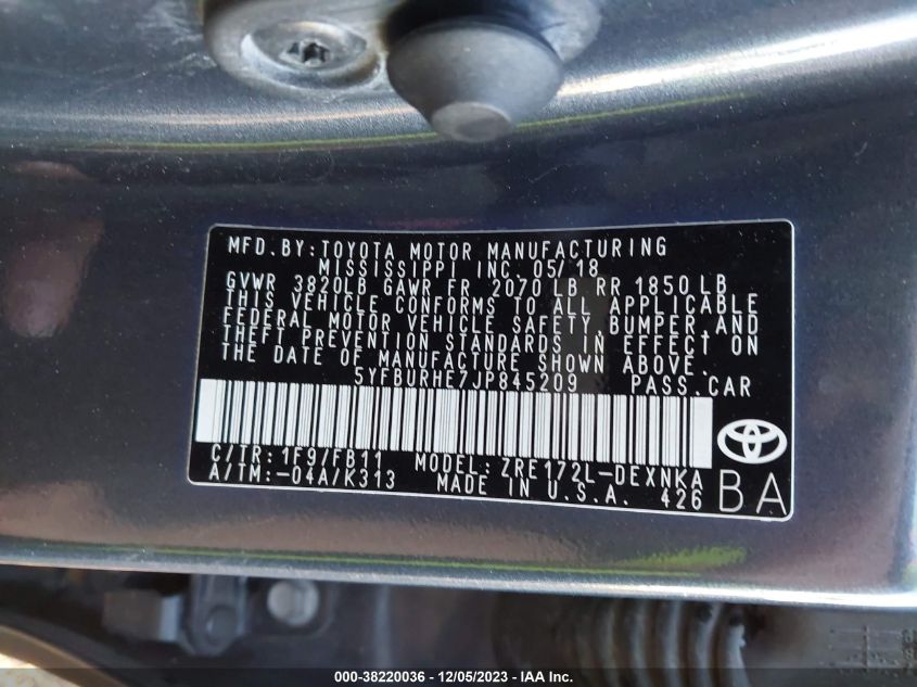 2018 TOYOTA COROLLA LE - 5YFBURHE7JP845209