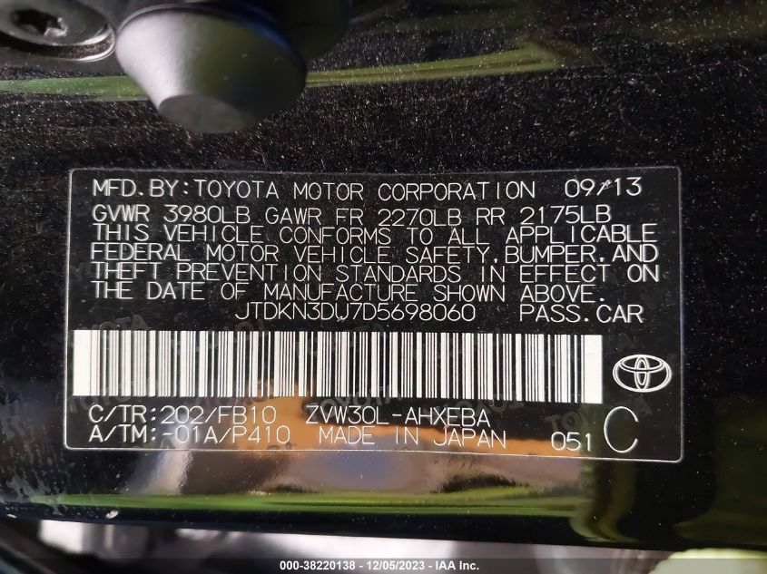 2013 TOYOTA PRIUS TWO - JTDKN3DU7D5698060