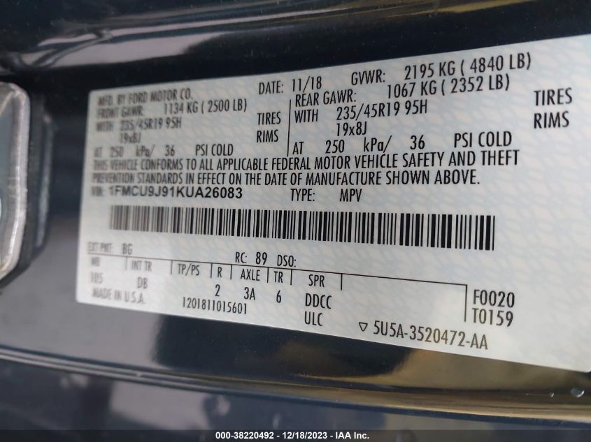 2019 FORD ESCAPE TITANIUM - 1FMCU9J91KUA26083