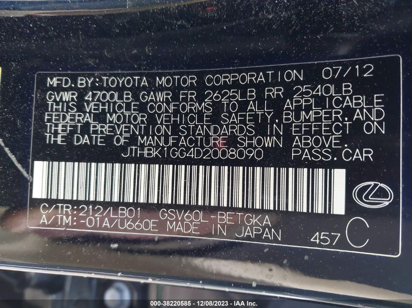 2013 LEXUS ES 350 - JTHBK1GG4D2008090