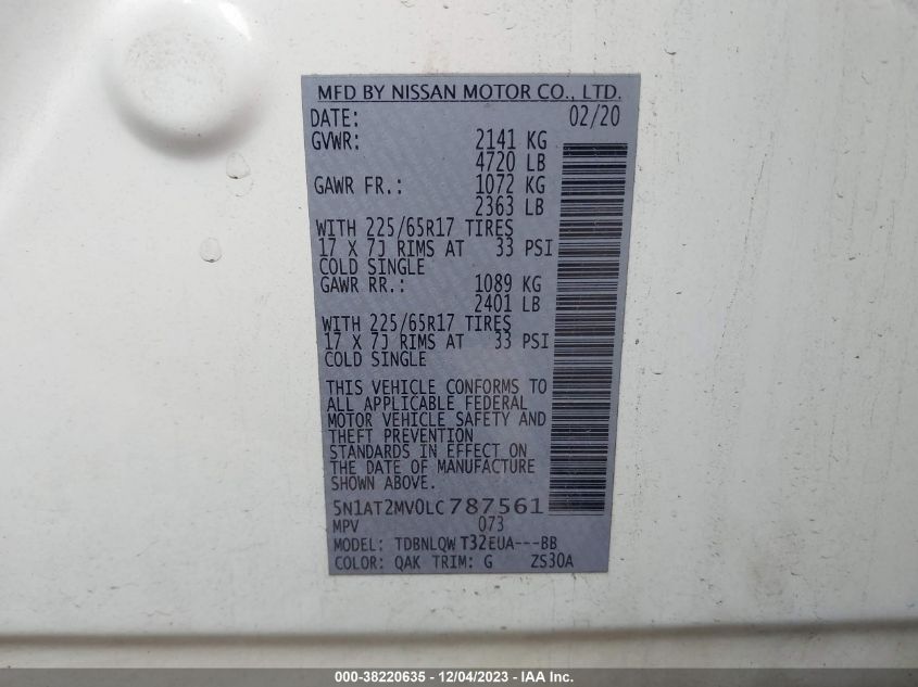 2020 NISSAN ROGUE SV INTELLIGENT AWD - 5N1AT2MV0LC787561