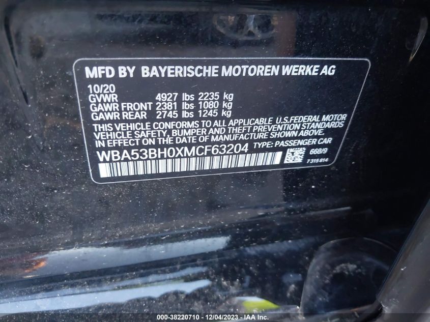 2021 BMW 5 SERIES 530I - WBA53BH0XMCF63204