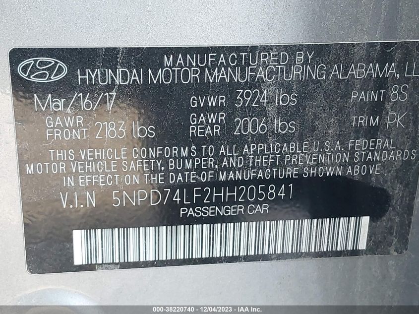 2017 HYUNDAI ELANTRA SE - 5NPD74LF2HH205841