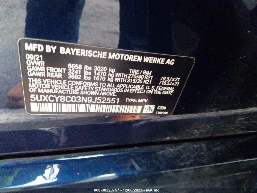 2022 BMW X6 M50I - 5UXCY8C03N9J52551