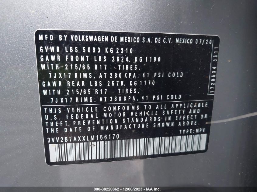 2020 VOLKSWAGEN TIGUAN 2.0T SE - 3VV2B7AXXLM156170