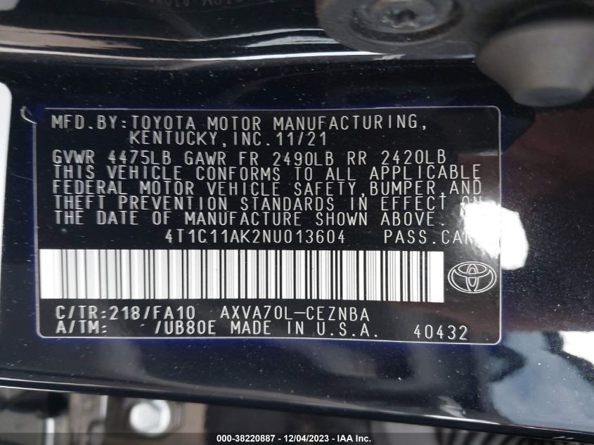 2022 TOYOTA CAMRY LE - 4T1C11AK2NU013604