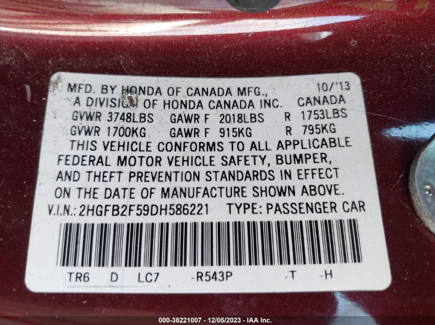 2013 HONDA CIVIC SDN LX 2HGFB2F59DH586221