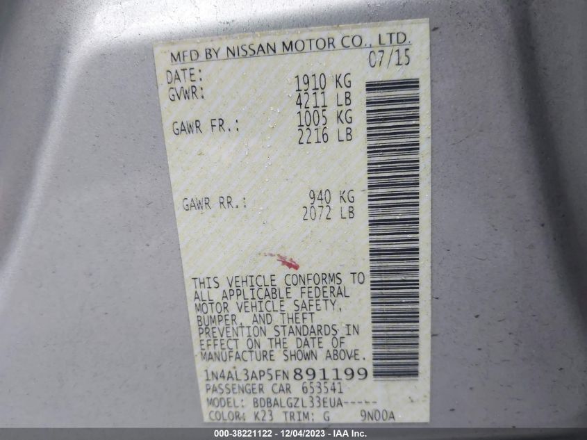 2015 NISSAN ALTIMA 2.5/S/SV/SL - 1N4AL3AP5FN891199