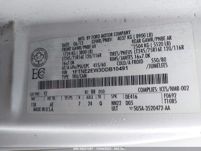 2013 FORD E-250 COMMERCIAL 1FTNE2EW3DDB10491