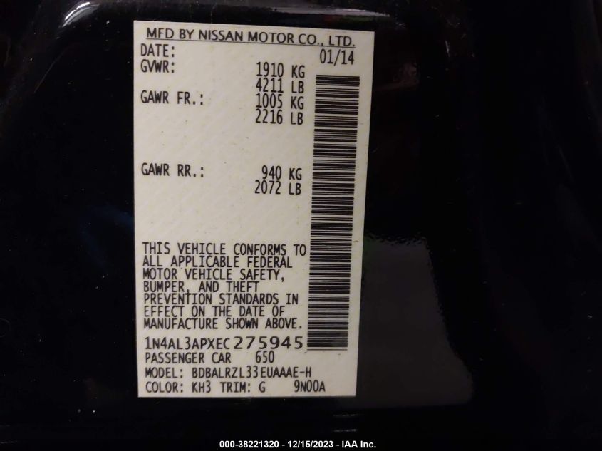 2014 NISSAN ALTIMA 2.5 S - 1N4AL3APXEC275945