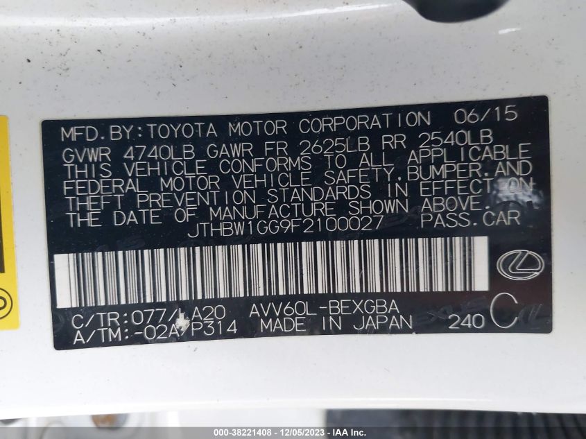 2015 LEXUS ES 300H HYBRID - JTHBW1GG9F2100027