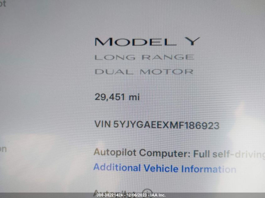 2021 TESLA MODEL Y LONG RANGE DUAL MOTOR - 5YJYGAEEXMF186923