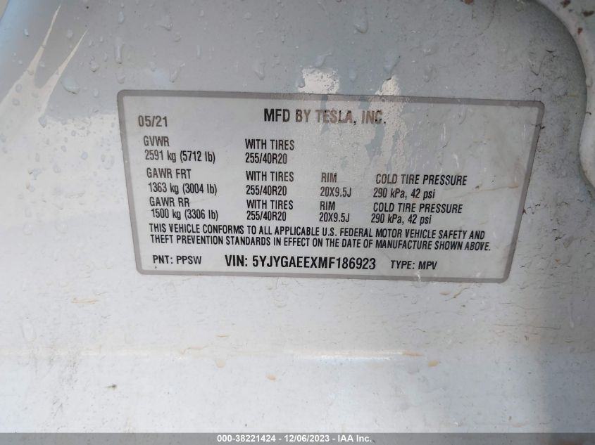 2021 TESLA MODEL Y LONG RANGE DUAL MOTOR - 5YJYGAEEXMF186923