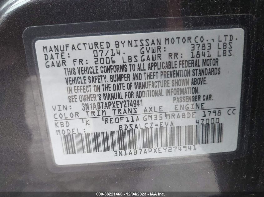 2014 NISSAN SENTRA S/SV/SR/SL - 3N1AB7APXEY274941