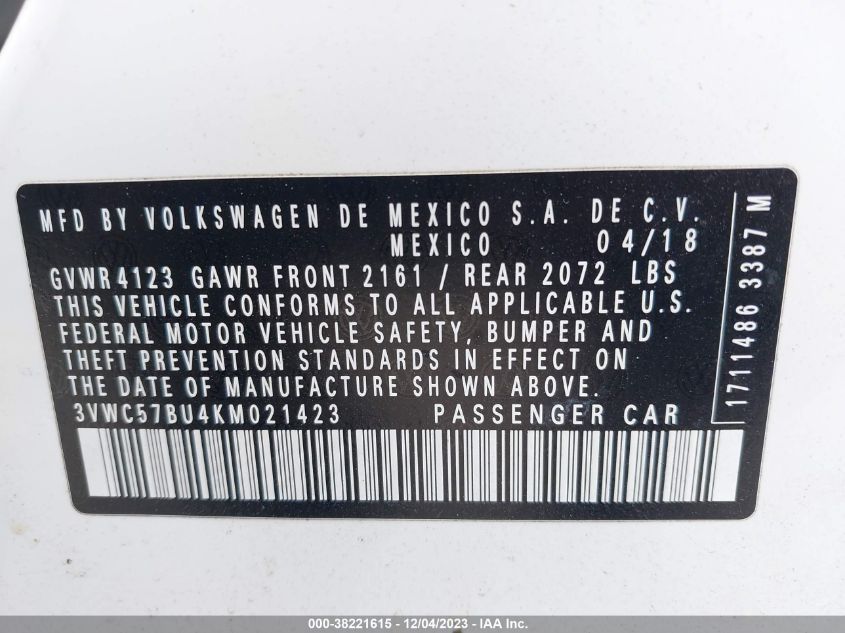 2019 VOLKSWAGEN JETTA 1.4T R-LINE/1.4T S - 3VWC57BU4KM021423