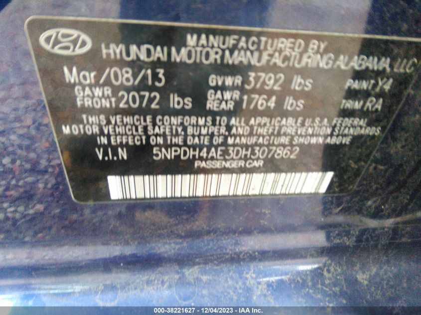 2013 HYUNDAI ELANTRA GLS - 5NPDH4AE3DH307862