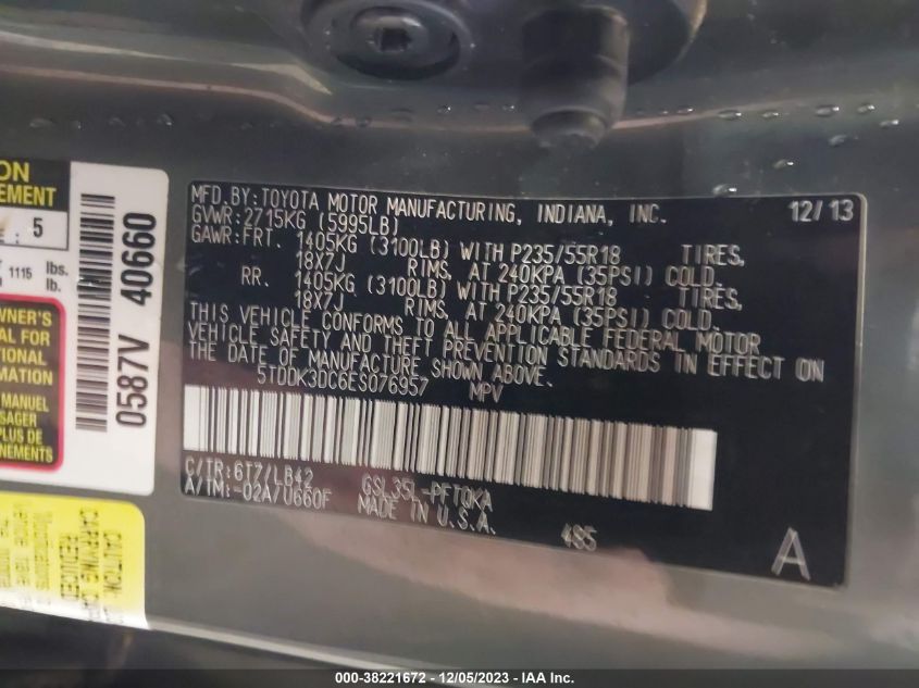 2014 TOYOTA SIENNA XLE 7 PASSENGER - 5TDDK3DC6ES076957