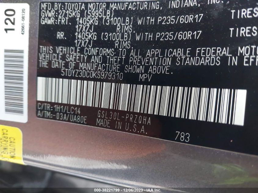 2019 TOYOTA SIENNA XLE - 5TDYZ3DC0KS979310