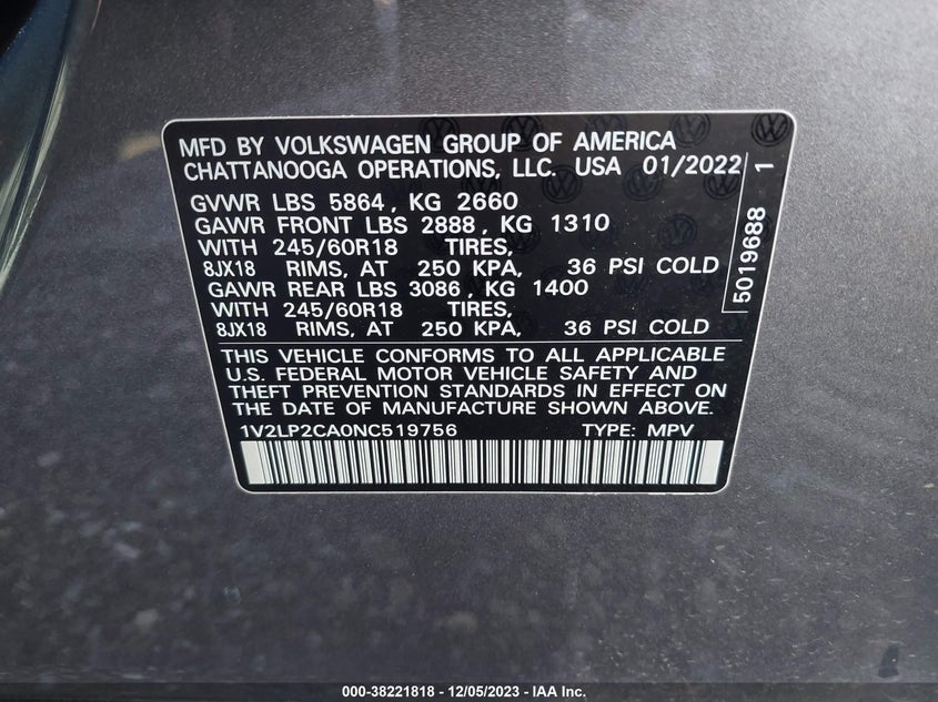 VIN 1V2LP2CA0NC519756 2022 VOLKSWAGEN ATLAS 2.0T SE