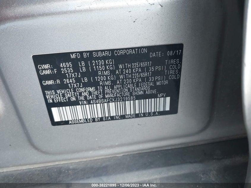 VIN 4S4BSAFCXJ3219585 2018 SUBARU OUTBACK 2.5I PREMIUM