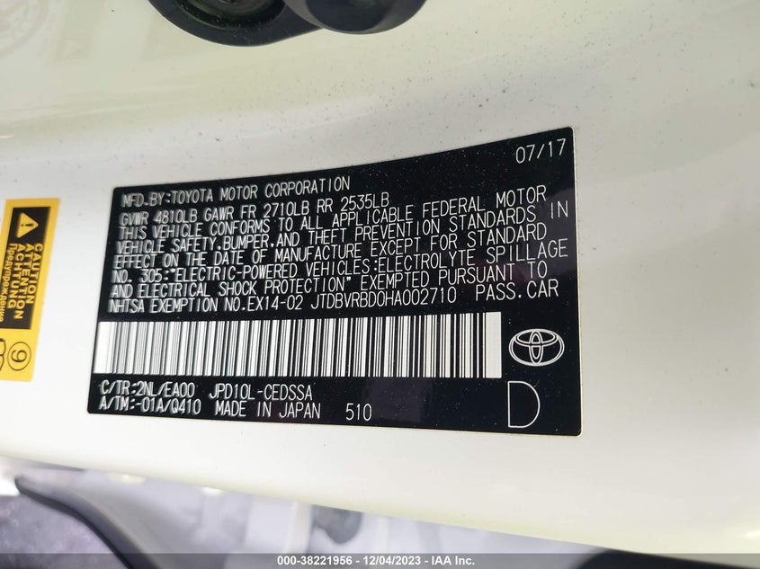 VIN JTDBVRBD0HA002710 2017 TOYOTA MIRAI