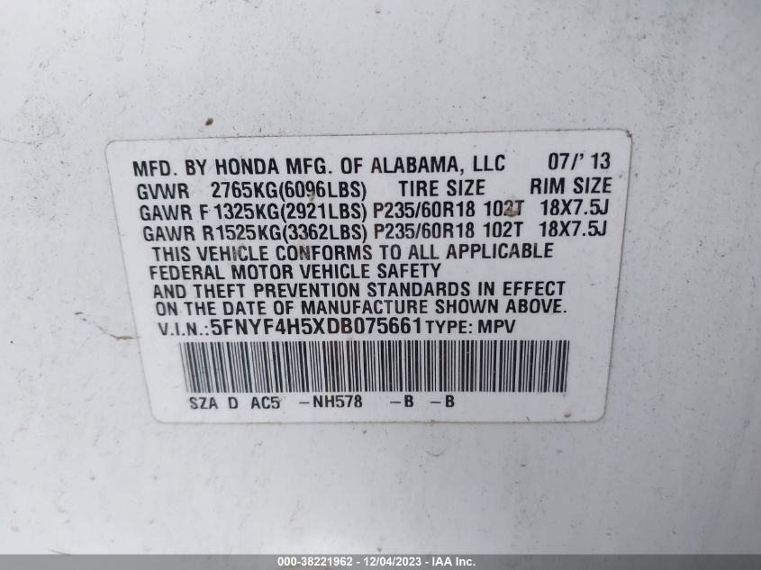 VIN 5FNYF4H5XDB075661 2013 HONDA PILOT no.9