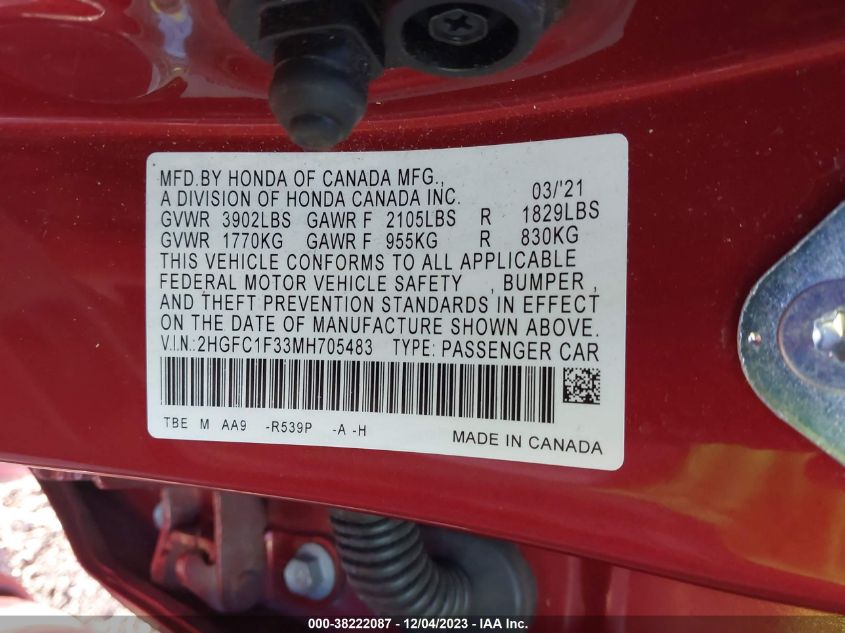 2021 HONDA CIVIC EX - 2HGFC1F33MH705483