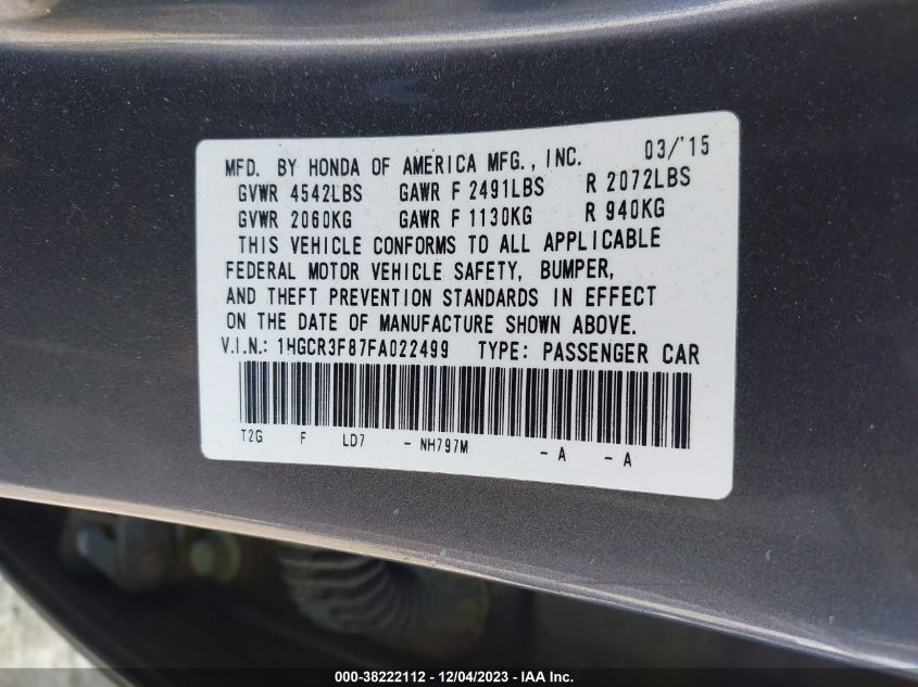 2015 HONDA ACCORD EX-L V-6 - 1HGCR3F87FA022499