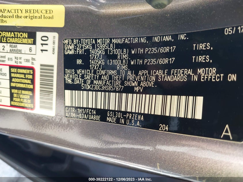 VIN 5TDKZ3DC3HS857877 2017 TOYOTA SIENNA LE 8 PASSENGER