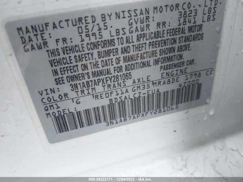 2015 NISSAN SENTRA S/SV/SR/SL - 3N1AB7APXFY281065