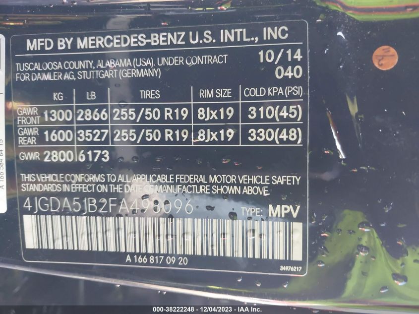 2015 MERCEDES-BENZ ML 350 4JGDA5JB2FA498096